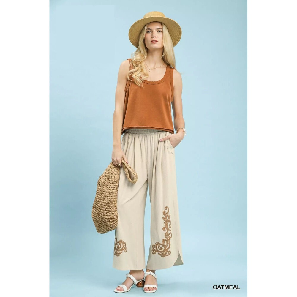 Umgee Linen Embroidered Wide-Leg Boho Pants - Picture 5 of 5